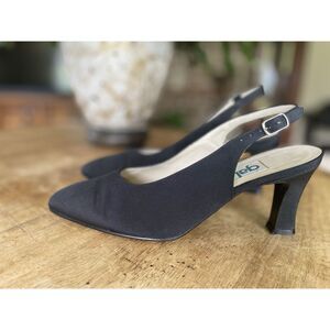 GALO Italy Black Slingback Heels 37.5 | Pointed Toe Leather Sole Dressy
